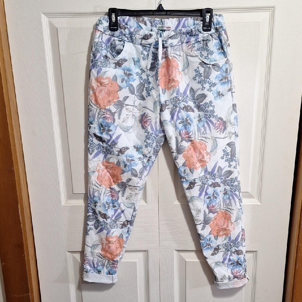 Made In Italy Stretch Drawstring Elastic Pants Joggers Skinny- M-Floral Art Blue